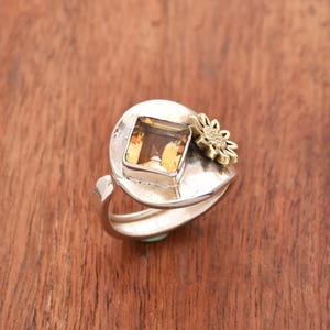 Boho Citrine Flower Ring: Handmade Sterling Silver Adjustable Statement Ring