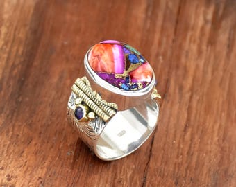 Pink Oyster Turquoise Ring: Flower Engraved Sterling Silver, Boho Hippie Style