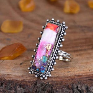 Pink Oyster Turquoise Ring, 925 Sterling Silver Ring, Baguette Ring, Pink Oyster Turquoise Ring, Beaded Ring, Filigree Ring, Gift for Her