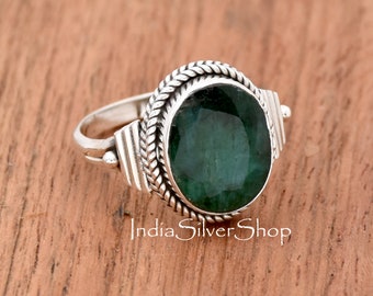Indian Emerald Ring, 925 Sterling Silver Ring, Faceted Emerald Ring, Oval gemstone Ring, Filigree Ring, Boho Ring, Handmade Jewelry