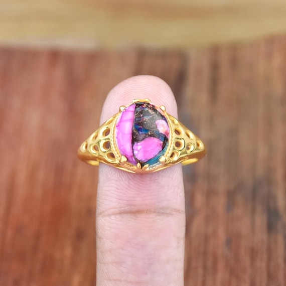 Pink Oyster Turquoise Ring: 18k Gold Vermeil Sterling Silver, Boho - Main Image