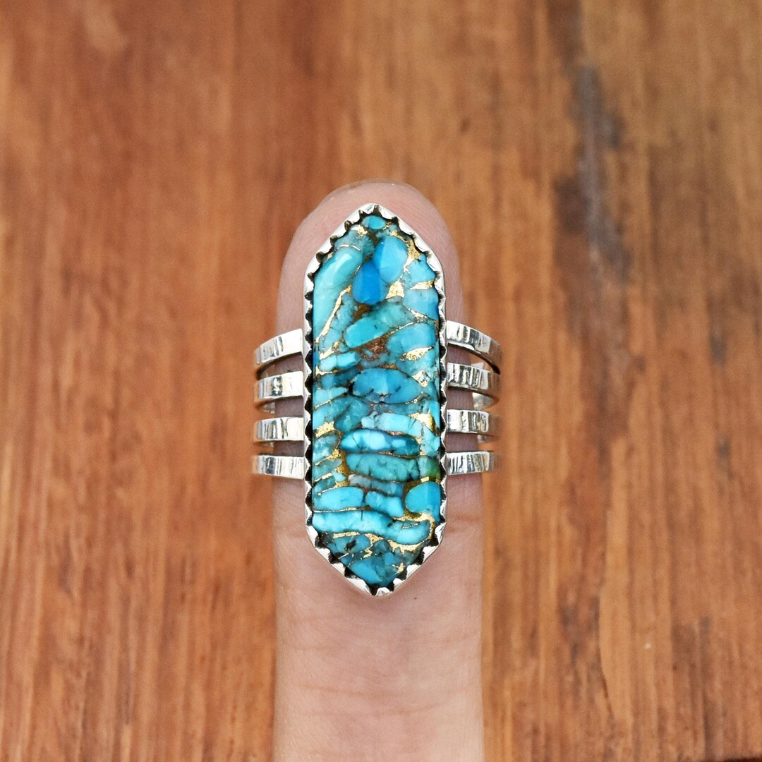 ブルーコッパーターコイズリング：スターリングシルバーの六角形