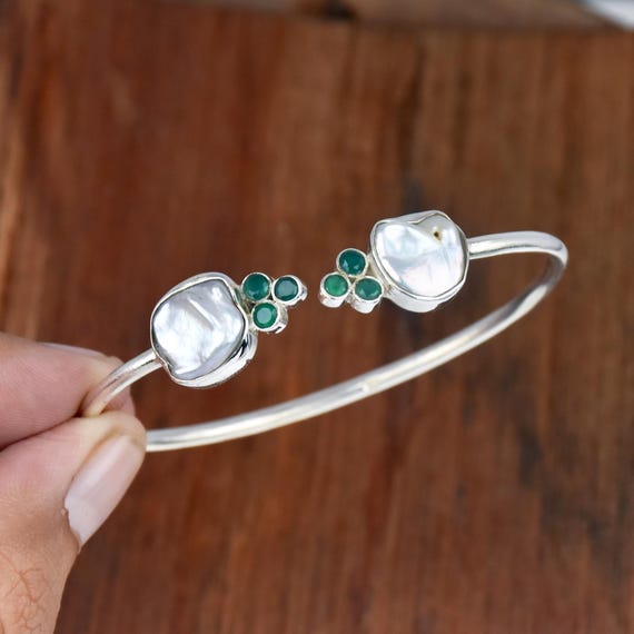 Bracelet Manchette En Argent Sterling 925 Avec Pierre De Lune - Fait Main En Inde - Réglable