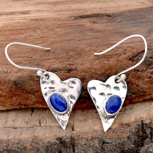 Lapis lazuli Earrings, 925 Sterling Silver, Hammered Earrings, Heart Earrings, Anniversary Earrings, Lapis lazuli Earrings, Gift for Mom