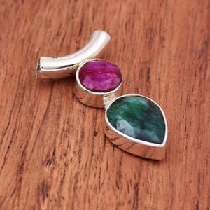 Ruby and Emerald Sterling Silver Pendant, Boho Multi Stone