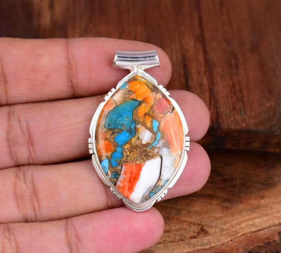 オイスター銅ターコイズマーキスペンダント：925スターリングシルバー