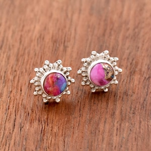 Pink Oyster Turquoise Studs: Sterling Silver Filigree Earrings