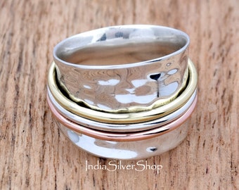 Spinner Ring, Sterling Silver Ring for Men Spinning Ring, Chunky Thumb Ring, Fidget Ring, Wide Band Two Tone Ring, Stone Ring, Hammered Ring