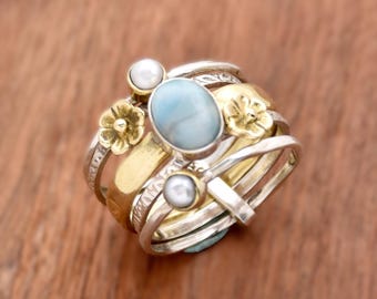 Larimar Ring  925 Sterling Silver Ring Flower Ring Pearl Ring Two Tone Ring Handmade Silver Ring Flower Ring Anniversary Ring Gift For her