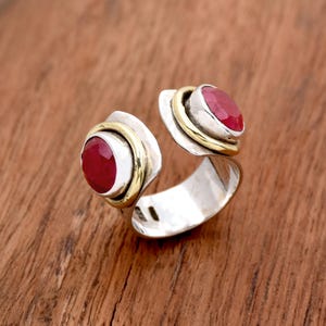 Indian Ruby Ring, 925 Sterling Silver Ring, Open Band Ring, July Birthstone Ring, Adjustable Ring, Thumb Ring, Two Tone Ring, Dainty Ring