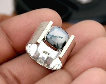 モスアゲート スターリングシルバーリング：ハンマー加工の幅広バンド