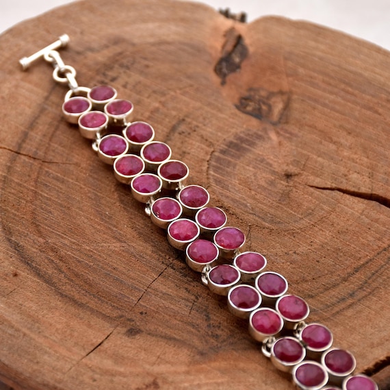 インド産ルビーブレスレット：ハンドメイド925スターリングシルバーの