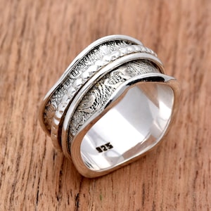 Bague en argent sterling 925 gravée, anneau de perles, anneau incurvé, anneau de toupie, bague de méditation, cadeau bijoux céleste pour elle