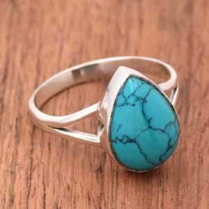Turquoise Ring, 925 Sterling Silver Ring, Handmade Ring, Pear Gemstone Ring, Statement Ring, Split Band Ring, Promise Ring, Gift for Her