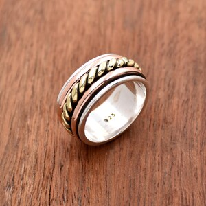 Sterling Silver Fidget Spinner Ring: Two-Tone Twisted Band Worry Ring