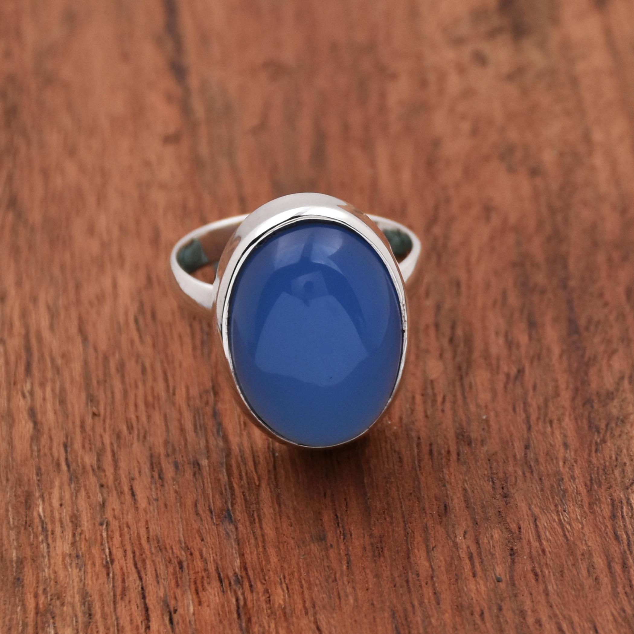 Bague Femme Calcédoine Argent 925 - Pierre Ovale Naturelle, Fait Main, Pierre De Naissance Mars