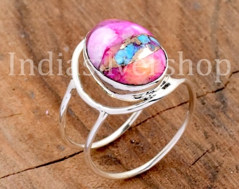 Kingman Pink Dahlia Turquoise Ring, Pink Oyster Turquoise Ring, Designer Band Ring, 925 Sterling Zilveren Ring, Statement Ring, Boho Ring