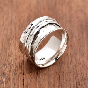 Sterling Silver Spinner Ring: Wide Band, Hammered Meditation Ring