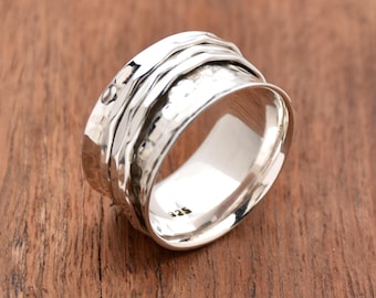 Sterling Silver Spinner Ring: Wide Band, Hammered Meditation Ring