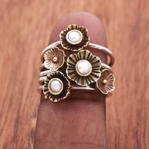 Natural Pearl Ring, Flower Ring, Multi Band Ring, 925 Sterling Silver Ring, Two Tone Ring, Multi Stone Ring, Interlocked Ring, Gift for Her
