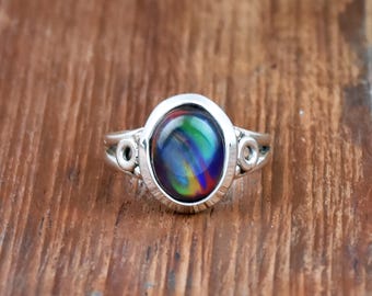 Anillo de ópalo multicolor: Anillo de boda de plata de ley 925 para ella