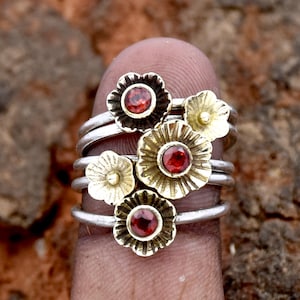 Red Garnet Ring, 925 Sterling Silver ring, Bohemian Ring, Flower Ring, Multi Band Ring, Interlocked Ring, Handmade Jewelry gift For Her