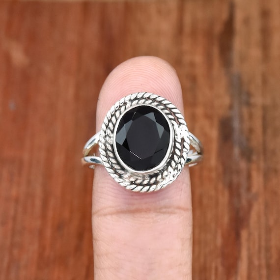 ブラックオニキスレディースリング：925スターリングシルバー シルバーと黒の装飾リング