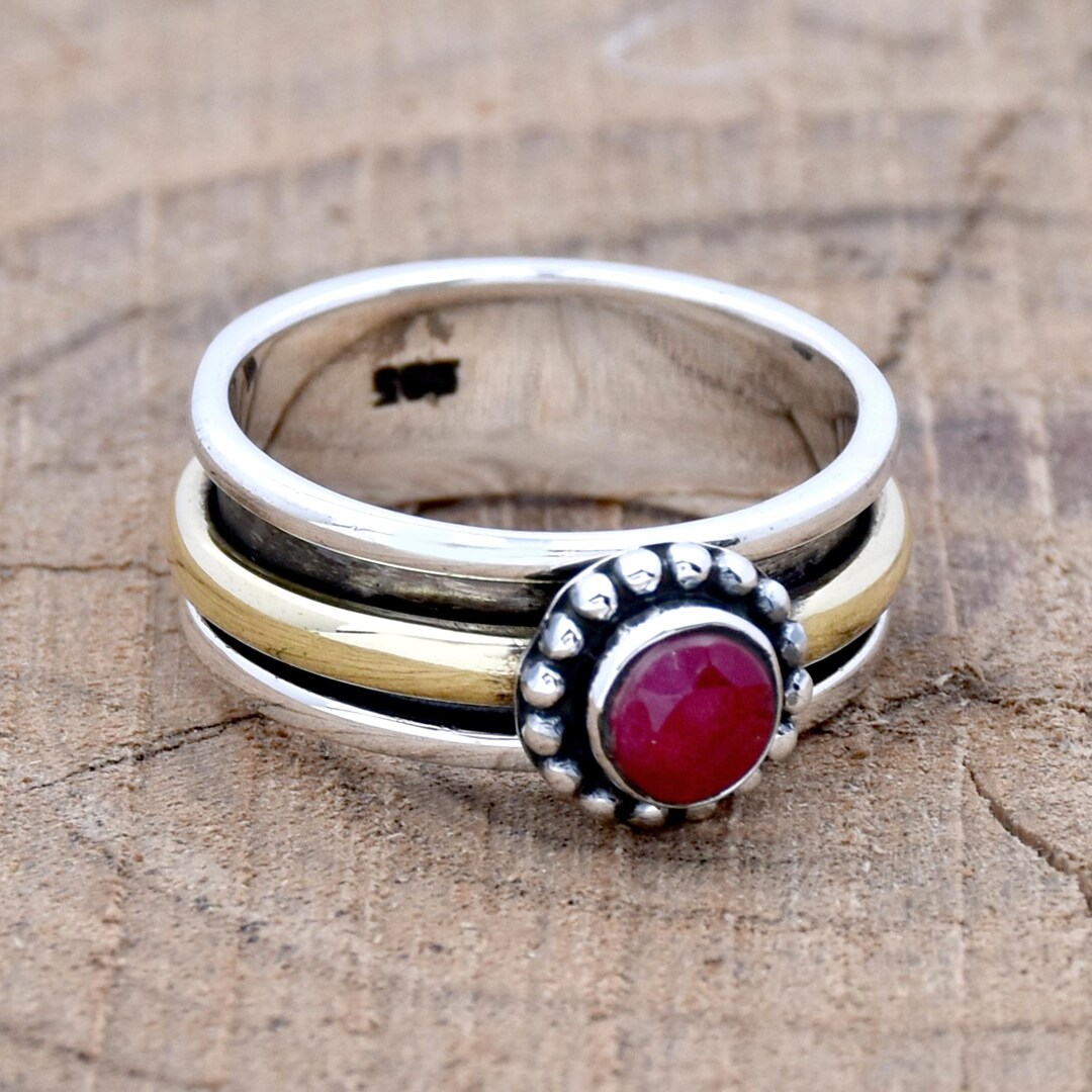 Rubymotion Spinner Rings Ruby Spinner Ring: Sterling Silver Two Tone Boho Meditation Ring - Etsy