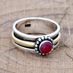Indian Ruby Spinner Ring, 925 Sterling Silver Ring, Narrow Spinner Ring, Two Tone Ring, Anniversary Ring, Mediation Ring, Gift For Her
