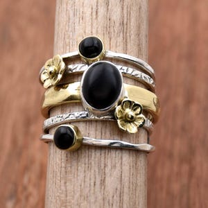Black Onyx Flower Ring: Sterling Silver Multi Band Ring