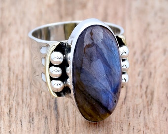 Hammered Sterling Silver Labradorite Ring - Wide Band Boho Statement