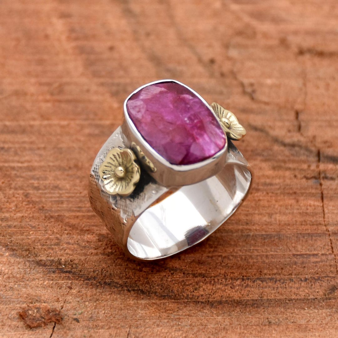 Handmade Sterling Silver Ruby Ring: Two-tone Flower Statement Ring - Etsy