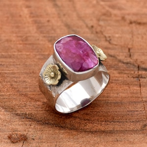 Indian Ruby Ring, Handmade Ring, 925 Sterling Silver Ring, Faceted Ruby Ring, Two Tone Ring, Statement Ring, Wide Band Ring, Flower Ring