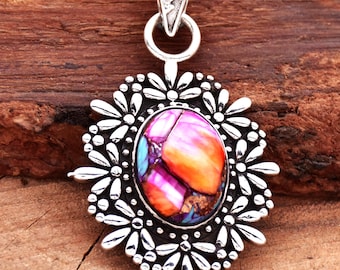 Kingman Pink Oyster Turquoise flower Pendant: 925 Sterling Silver Pendant- Southwestern Jewelry