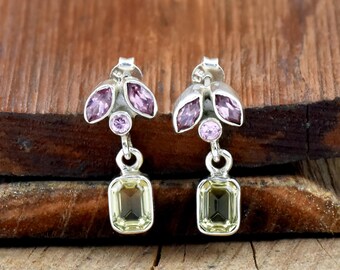 Citrine and Pink Zircon Earrings: 925 Sterling Silver studs Earrings. Wedding Jewelry for women
