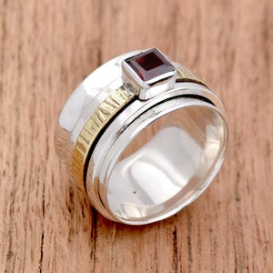 Red Garnet Sterling Silver Spinner Ring: Two-Tone Meditation Jewelry