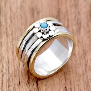 Turquoise Spinner Ring, 925 Sterling Silver Ring, Hammered Band Spinning Ring, Two Tone Ring, Flower Ring, Anniversary Ring, Gift for Her