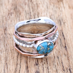 Blue copper Turquoise Ring 925 Sterling Silver Ring Two Tone Ring Hammered Ring Turquoise Spinner Ring, Boho Spinner Ring, Meditation Ring