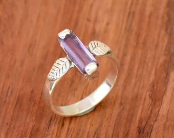 Baguette Amethyst Ring: 925 Sterling Silver Leaf Ring, Gift for Her