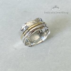 Hammered Spinner Ring, Mixed Metal Spinner ring, 2 tone sterling silver spinning ring, meditation ring, 925 sterling silver ring fidget ring