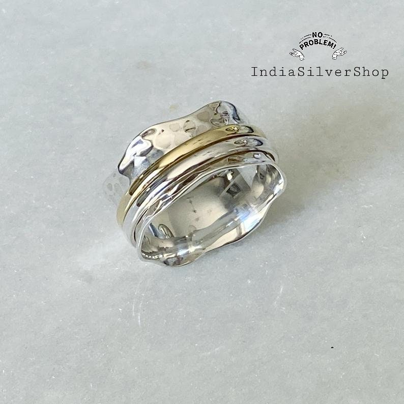 Hammered Spinner Ring, Mixed Metal Spinner ring, 2 tone sterling silver spinning ring, meditation ring, 925 sterling silver ring fidget ring image 1