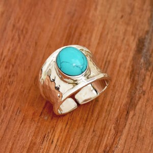 Blue Turquoise Sterling Silver Ring: Wide Band Hammered Adjustable Boho Ring