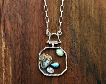 Multicolor Turquoise Green Blue Gemstone Necklace: Sterling Silver Look Twisted Rope Jewelry, Southwestern Necklace