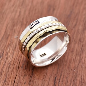 Bague spinner, bague en argent sterling 925, bague faite main, bague martelée, bague bicolore, bague de pouce, bague de méditation, cadeau pour elle