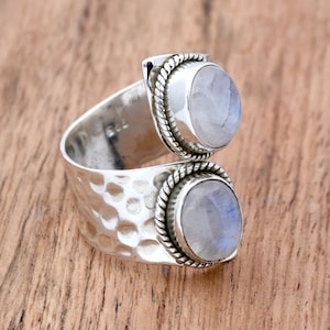 Rainbow Moonstone Sterling Silver Ring: Hammered Boho Statement Jewelry
