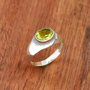 925 Sterling Silver Peridot Men&#39;s Ring: Oval signet August Birthstone Ring Statement jewelry