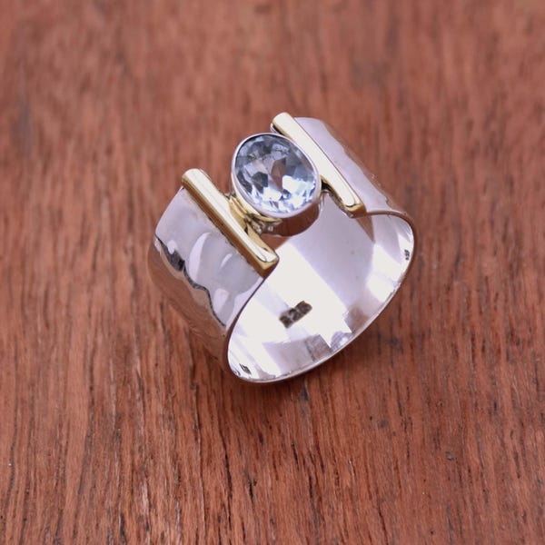 Hammered Sterling Silver Blue Topaz Ring - Handmade Two Tone Ring