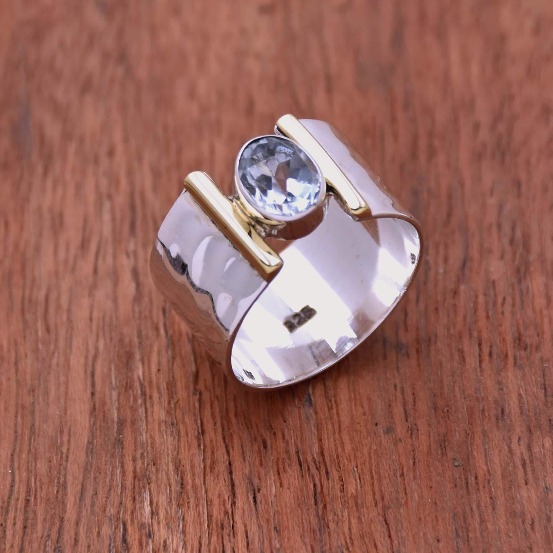 Natural Blue Topaz Gemstone Ring, 925 Sterling Silver Handmade Ring, Two Tone Ring, Hammered Ring, December Birthstone, Gift For Her