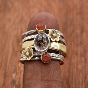 Handmade Golden Rutile Flower Ring: Red Coral, Sterling Silver