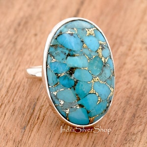Blue Copper Turquoise Ring, 925 Sterling Silver Ring, Statement Ring, Bohemian Ring, Large Turquoise Ring, Birthstone Ring, Gift For Her